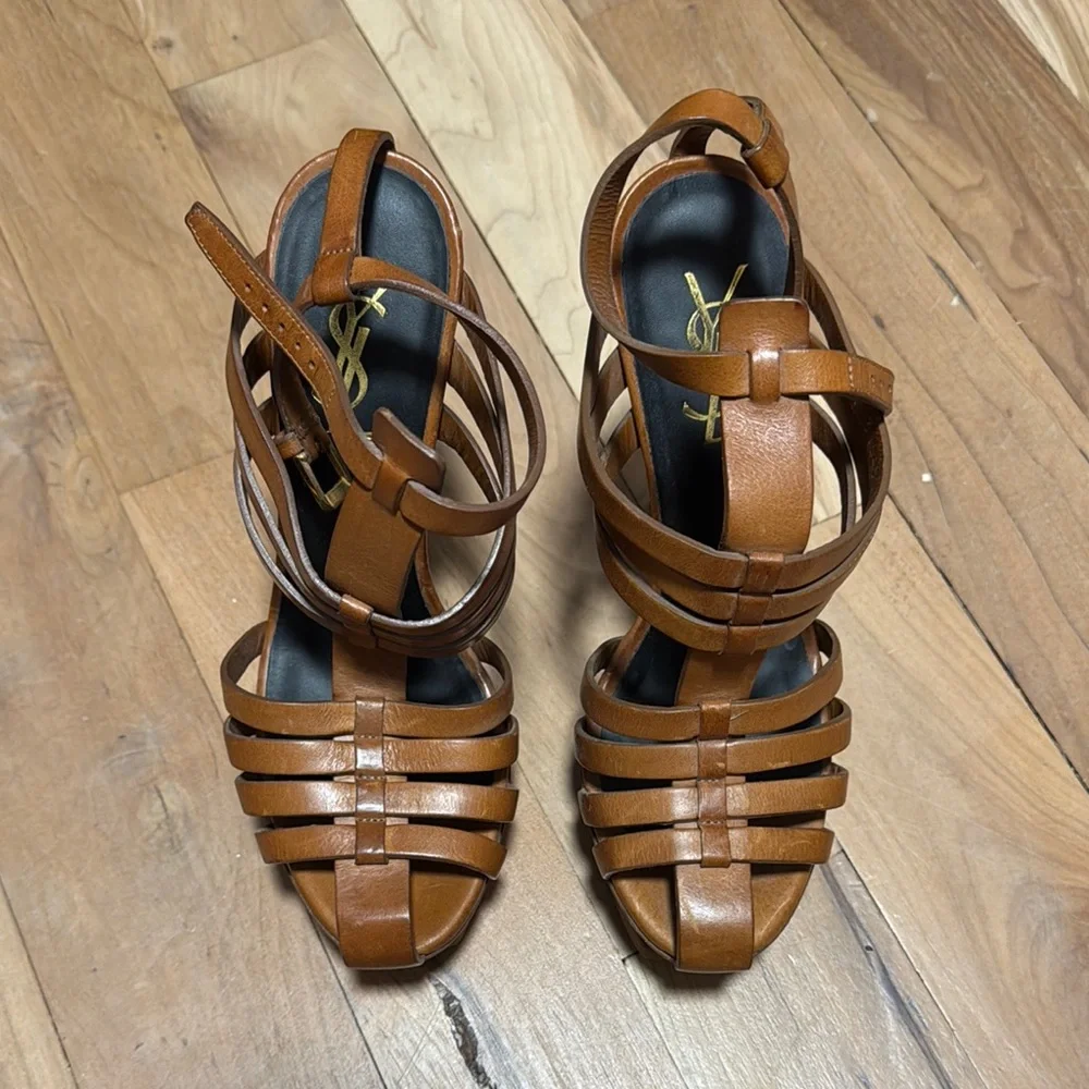 Saint Laurent Tan Strappy Platform Sandals